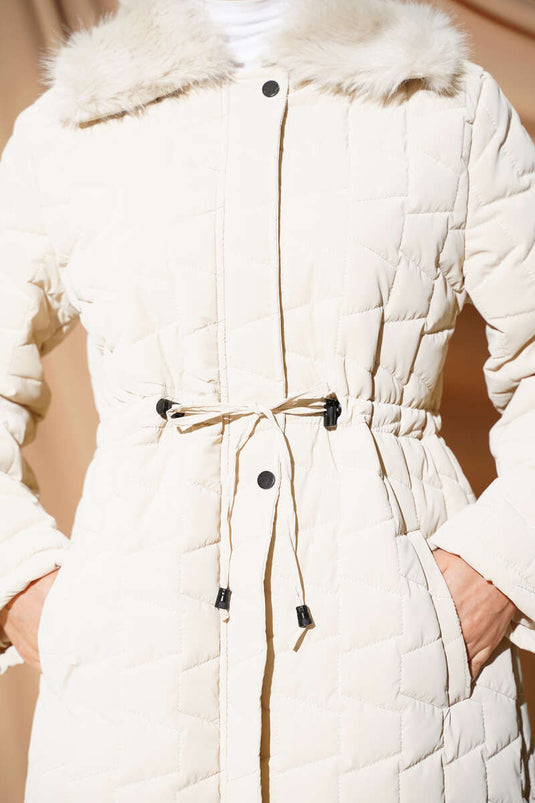 Kürk Yakalı Fermuarlı Uzun Kapitone Mont Taş