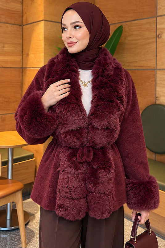Bordeaux Angora Wollmantel Mit Gürtel Und Fellbesatz
