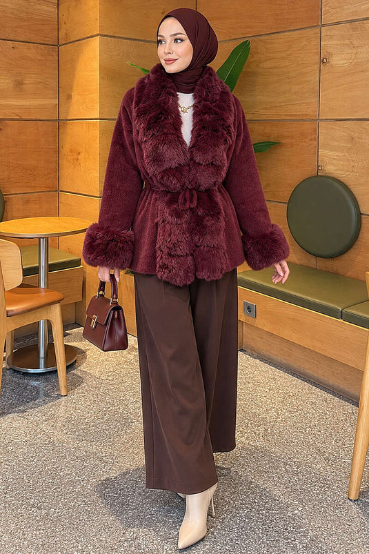 Bordeaux Angora Wollmantel Mit Gürtel Und Fellbesatz