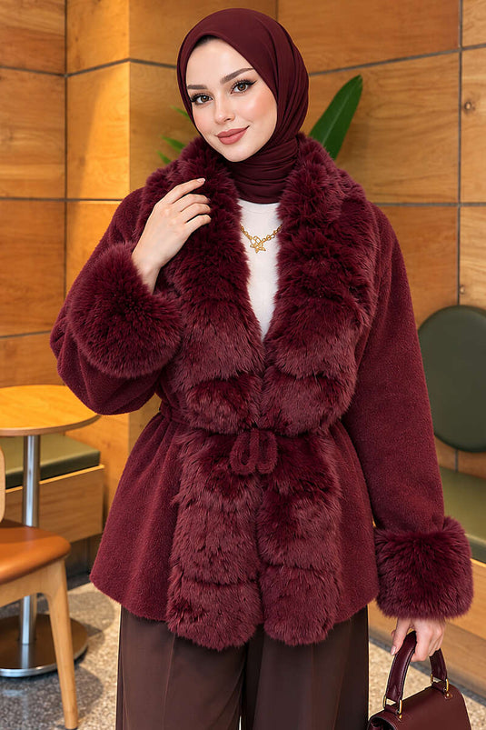 Bordeaux Angora Wollmantel Mit Gürtel Und Fellbesatz