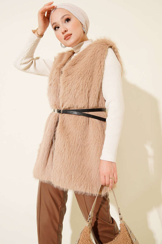 Kürklü Kemerli Yelek Camel