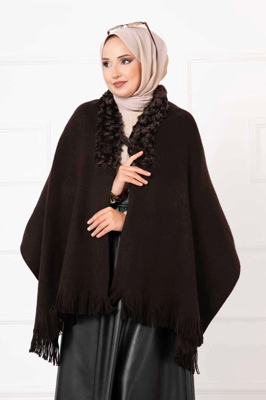 Faux Fur Poncho Shawl Bitter Coffee