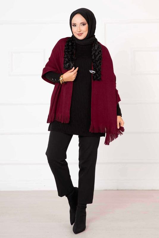 Faux Fur Poncho Scarf Burgundy