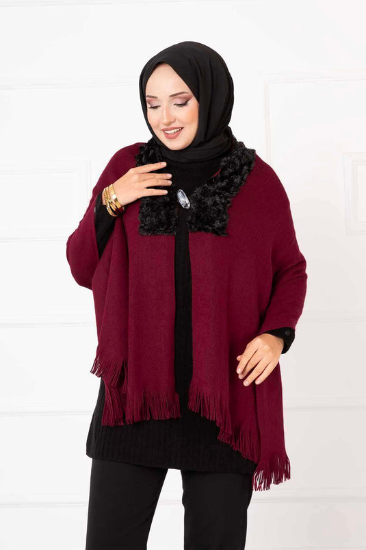 Faux Fur Poncho Scarf Burgundy