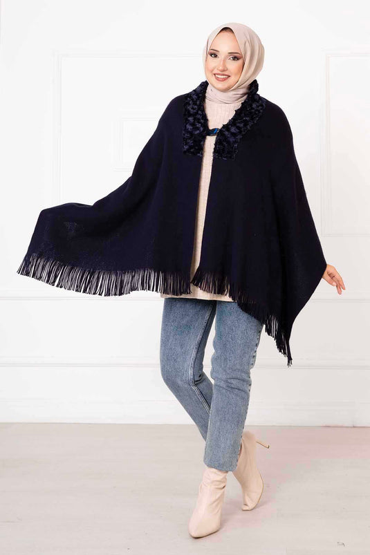 Châle Poncho Fourrure Bleu Marine