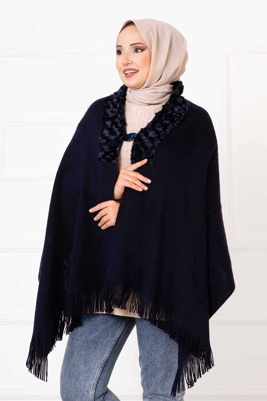 Châle Poncho Fourrure Bleu Marine