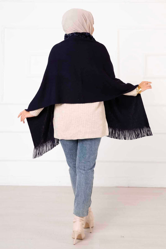 Châle Poncho Fourrure Bleu Marine