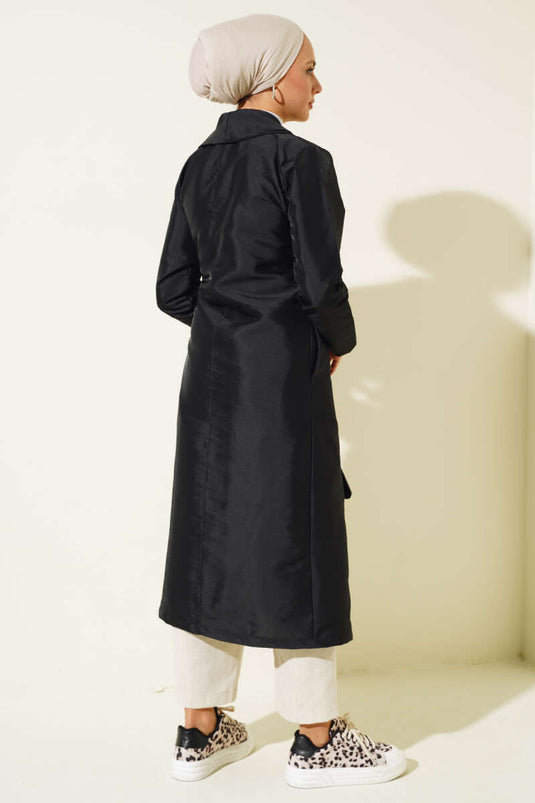 Bird-Eyed Belted Trench Coat Black