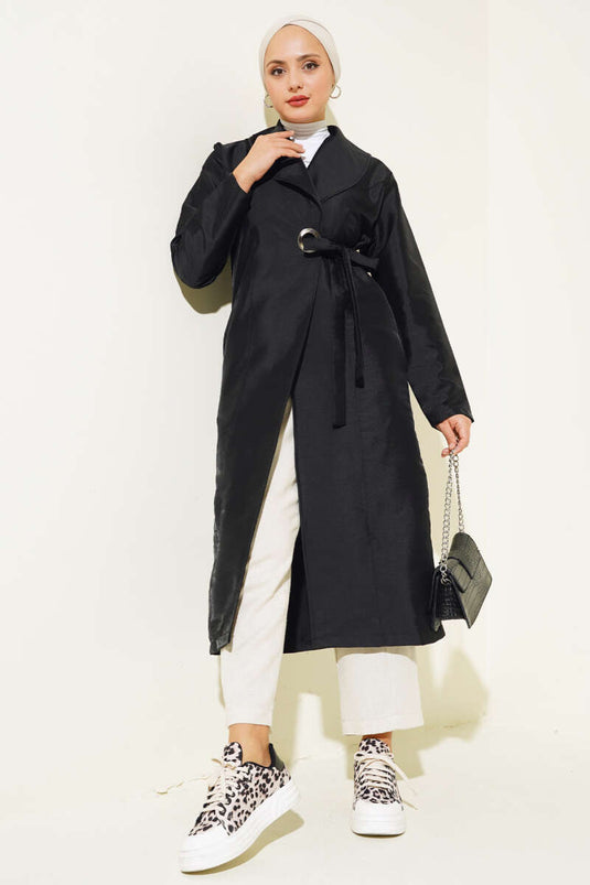 Bird-Eyed Belted Trench Coat Black