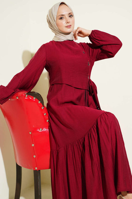 Eyelet Detail Tie-Waist Dress Burgundy