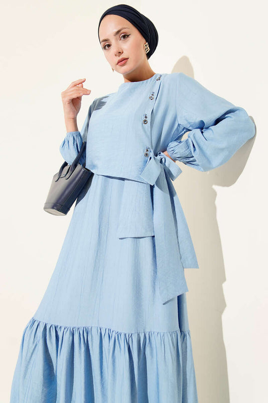 Eyelet Detailed Tie-Up Dress in Blue