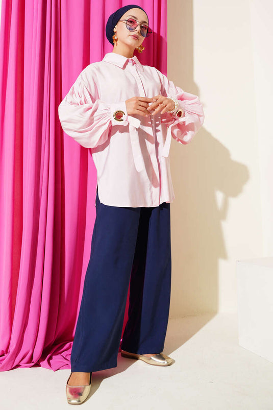 Pink Balloon Sleeve Shirt With Bird's Eye Detail
