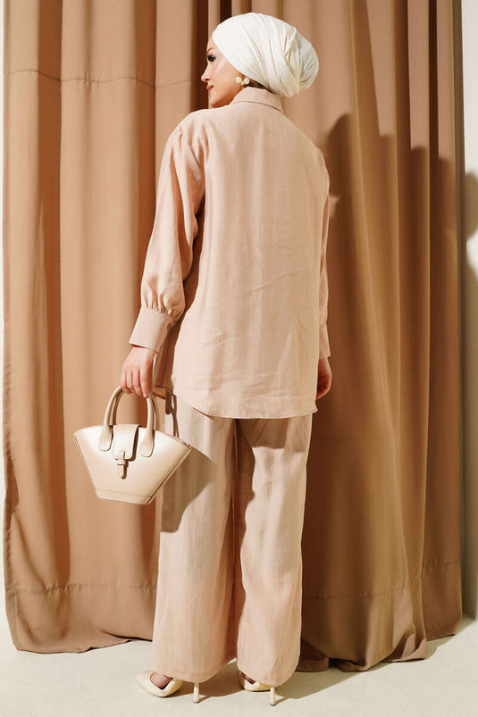 Kuş Gözü Detaylı Tunik İkili Takım Camel