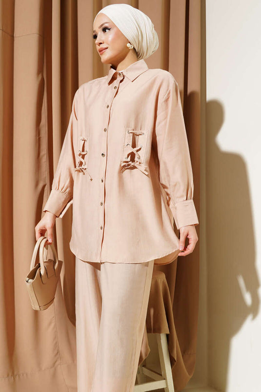 Kuş Gözü Detaylı Tunik İkili Takım Camel