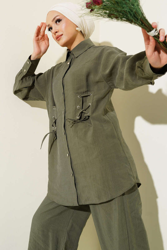 Kuş Gözü Detaylı Tunik İkili Takım Haki