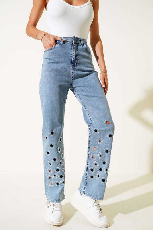 بنطال جينز مزين بحجر عين الطائر، لون أبيض ثلجي