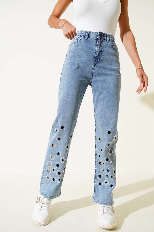 بنطال جينز مزين بحجر عين الطائر، لون أبيض ثلجي