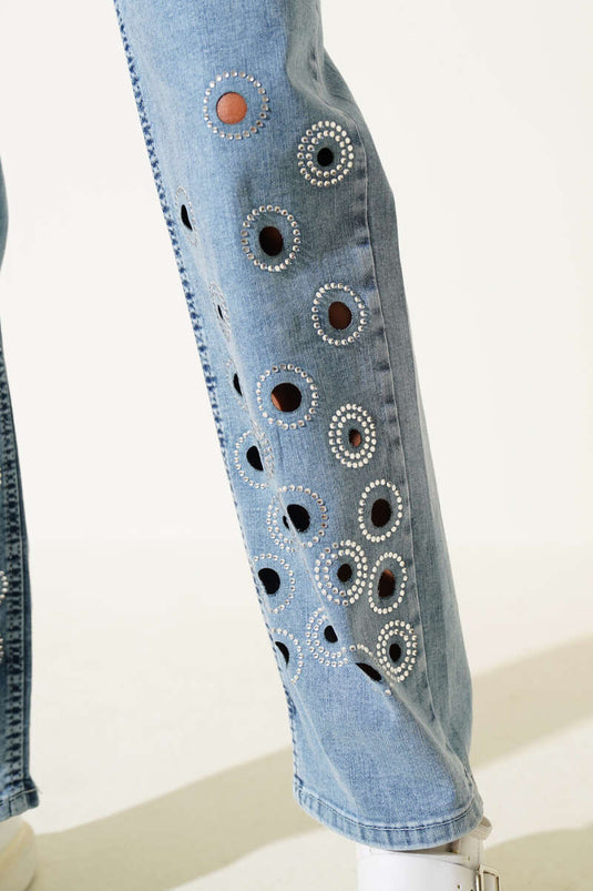 بنطال جينز مزين بحجر عين الطائر، لون أبيض ثلجي