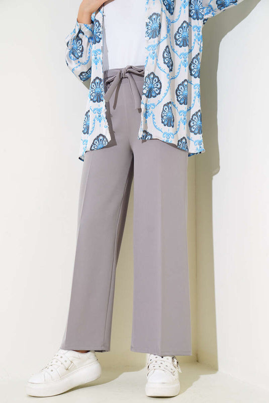 Kuşak Bağlamalı Dabıl Pantolon Gri