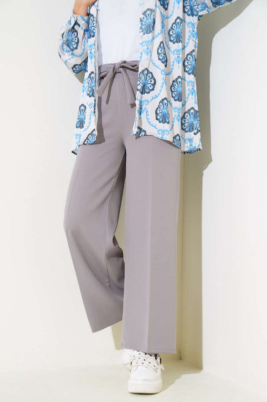 Kuşak Bağlamalı Dabıl Pantolon Gri