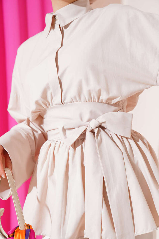 Half Buttoned Tunic with Gathered Belt, Beige