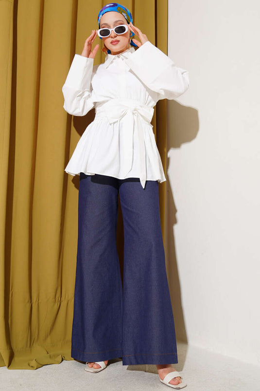 تونيك أبيض بنصف زر وحزام