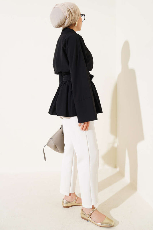 Kuşak Büzgülü Yarım Düğmeli Tunik Siyah