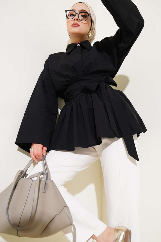 Kuşak Büzgülü Yarım Düğmeli Tunik Siyah