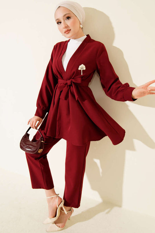 Kuşak Detaylı İkili Takım Bordo
