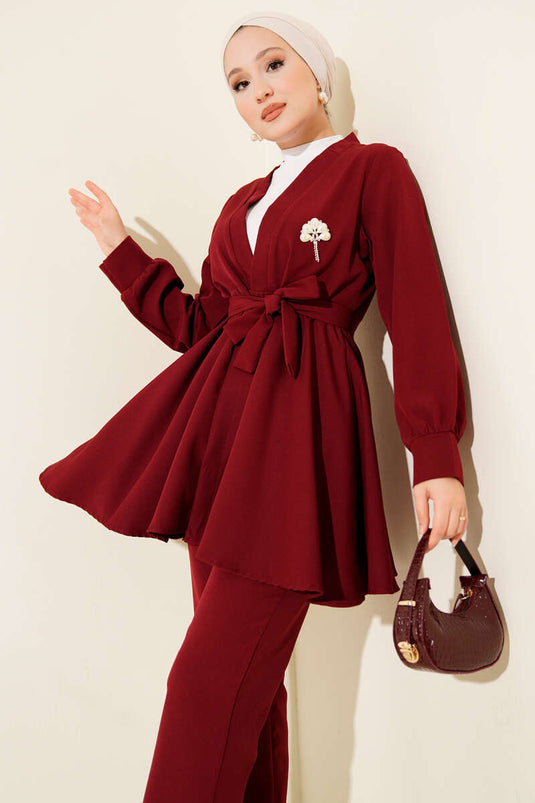 Kuşak Detaylı İkili Takım Bordo
