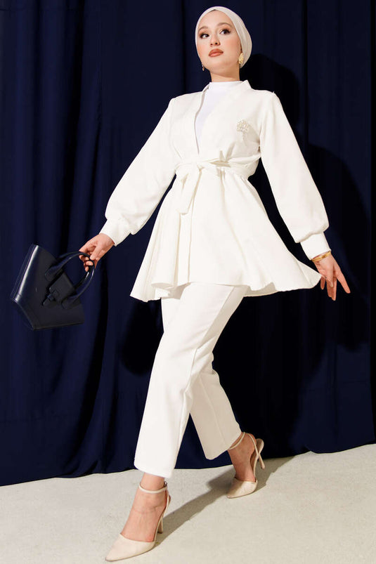 Kuşak Detaylı İkili Takım Ekru