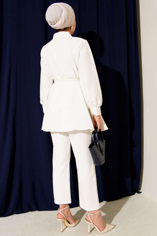 Kuşak Detaylı İkili Takım Ekru