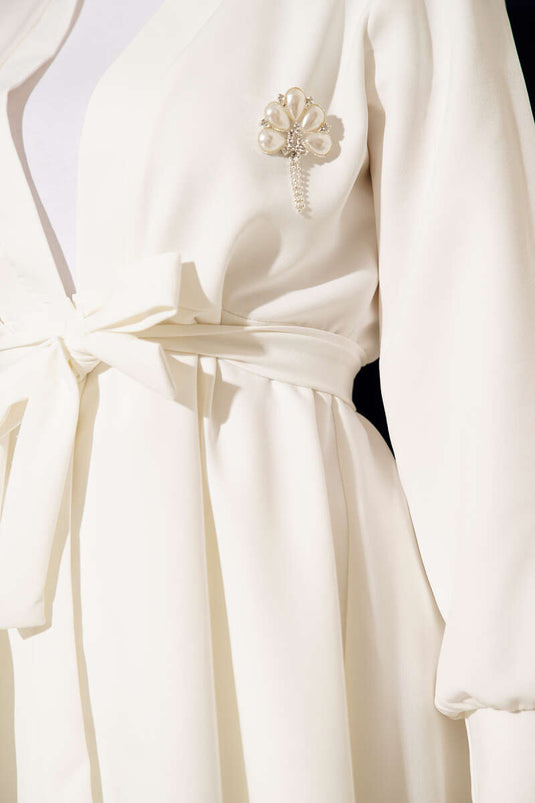 Kuşak Detaylı İkili Takım Ekru