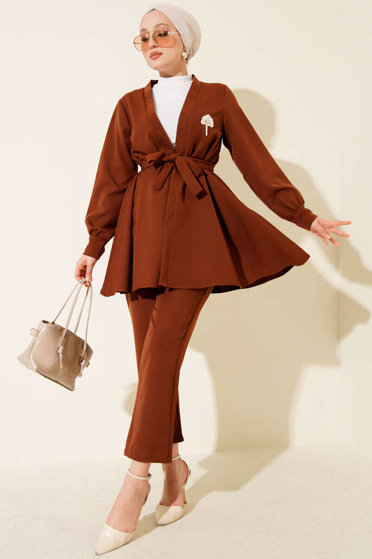 Kuşak Detaylı İkili Takım Kahve