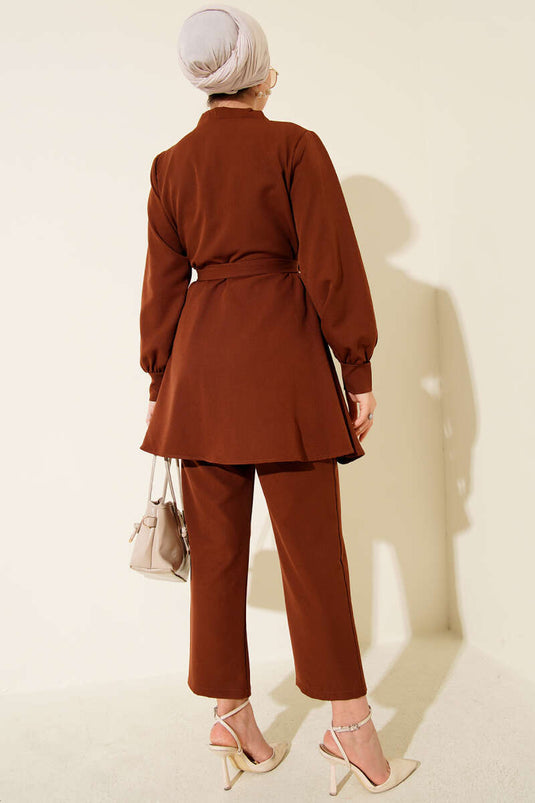 Kuşak Detaylı İkili Takım Kahve