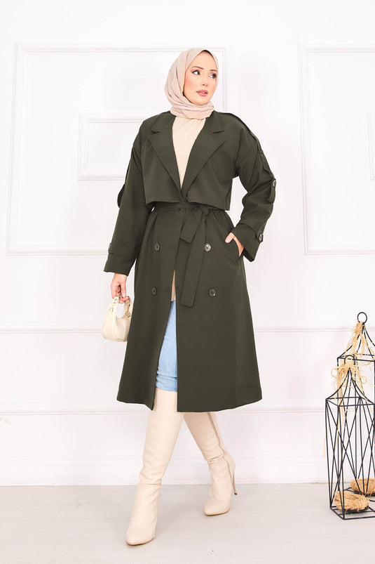 Trench-coat kaki à épaulettes et ceinture