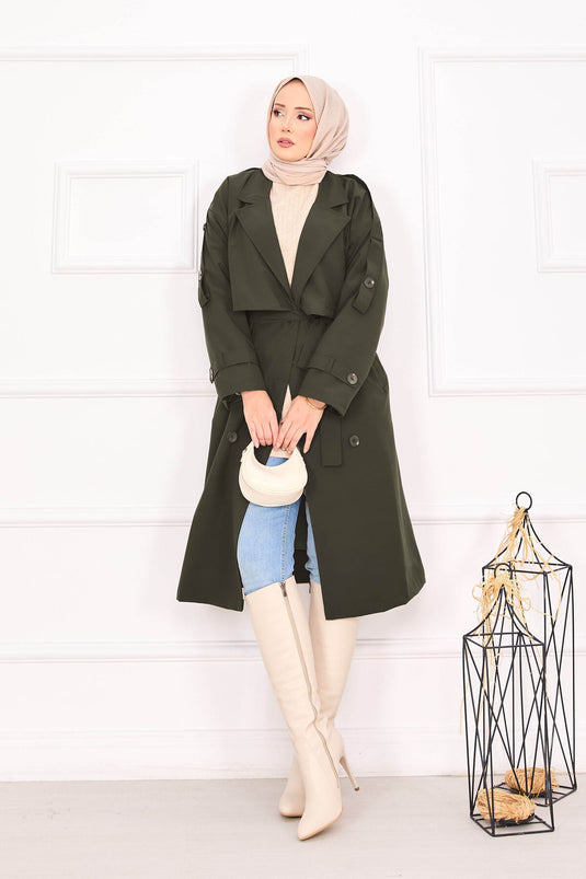 Trench-coat kaki à épaulettes et ceinture