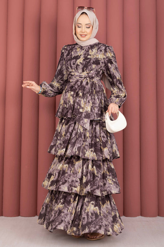 Belt-Detail Yoryo Chiffon Dress Brown