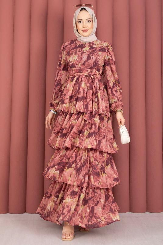 Yoryo Chiffon Dress with Belt Detail in Burgundy