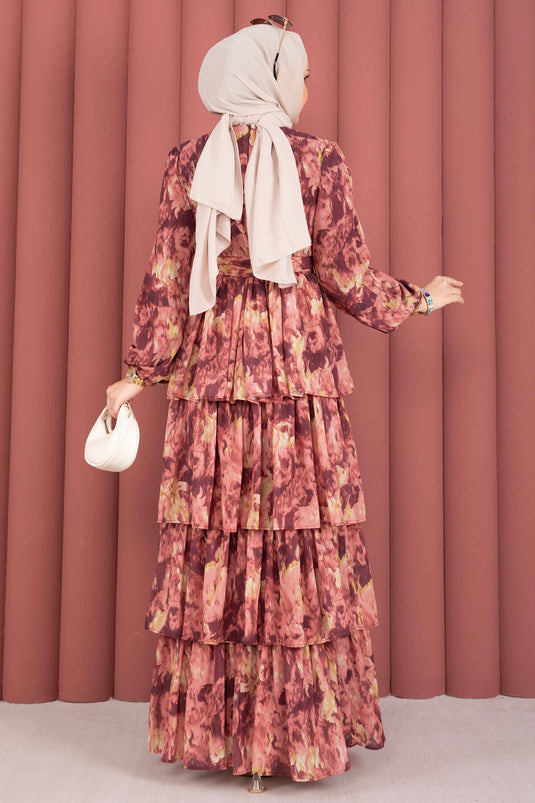 Yoryo Chiffon Dress with Belt Detail in Burgundy