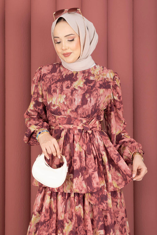 Yoryo Chiffon Dress with Belt Detail in Burgundy