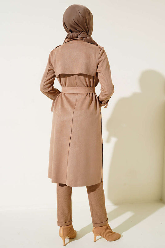 Trench-Coat En Daim Araboy Ceinturé Camel