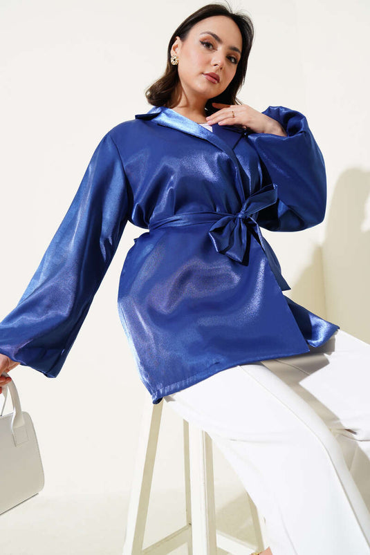 Kuşaklı Balon Kol Parlak Ceket Lacivert