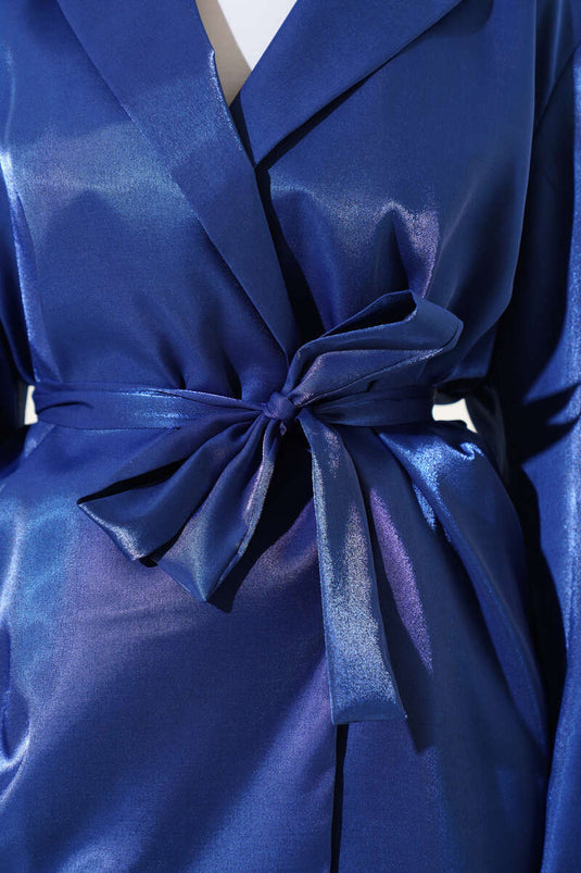 Kuşaklı Balon Kol Parlak Ceket Lacivert