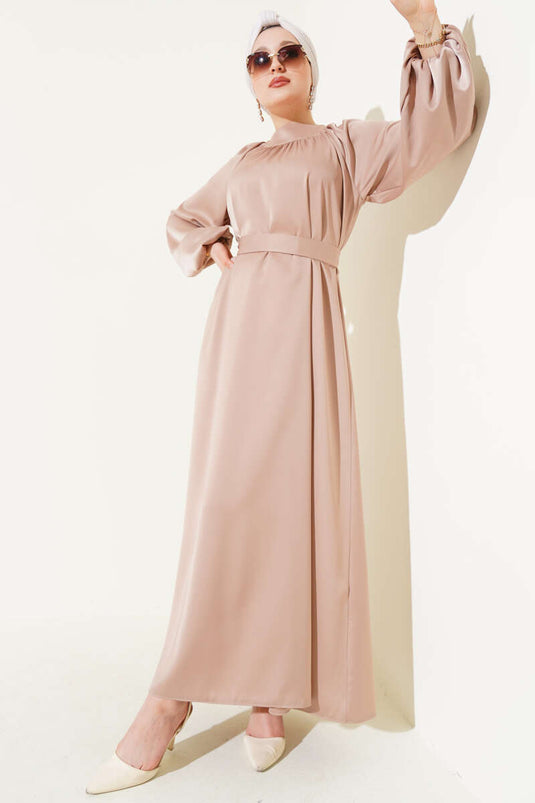 Belted Balloon Sleeve Satin Evening Dress Beige