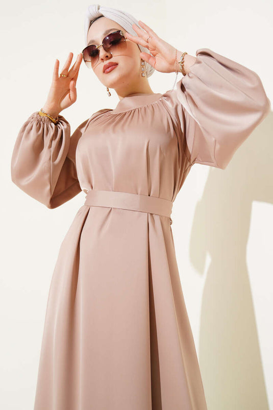 Belted Balloon Sleeve Satin Evening Dress Beige