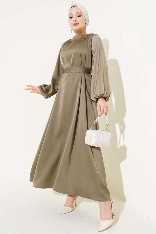 Belted Balloon Sleeve Satin Evening Dress Khaki