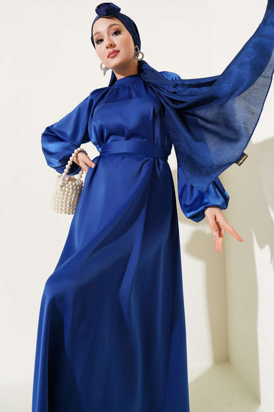 Belted Balloon Sleeve Satin Evening Dress Indigo