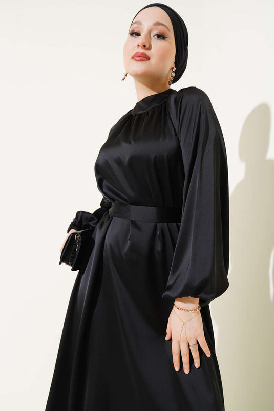 Belted Balloon Sleeve Satin Evening Dress Black