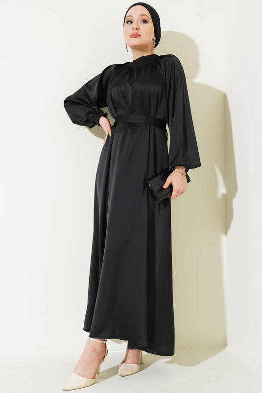 Belted Balloon Sleeve Satin Evening Dress Black